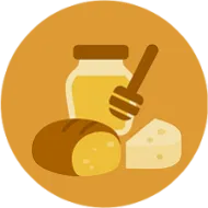 Imagens representativas de pão, mel e queijo