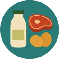 Imagens representativas de leita, carne e ovoss